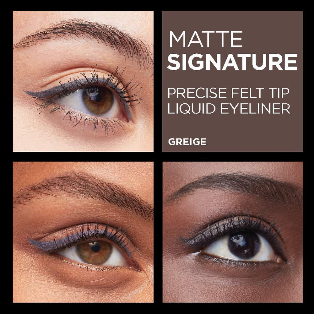 Swatches show four shade options for Matte Signature eyeliner