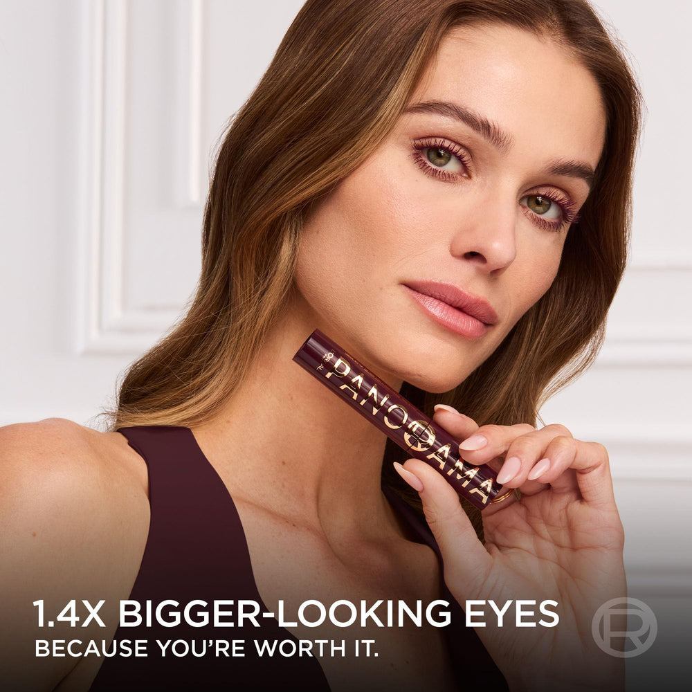 Close-up shows burgundy shade on lashes for vivid color payoff.
