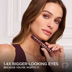 Close-up shows burgundy shade on lashes for vivid color payoff.