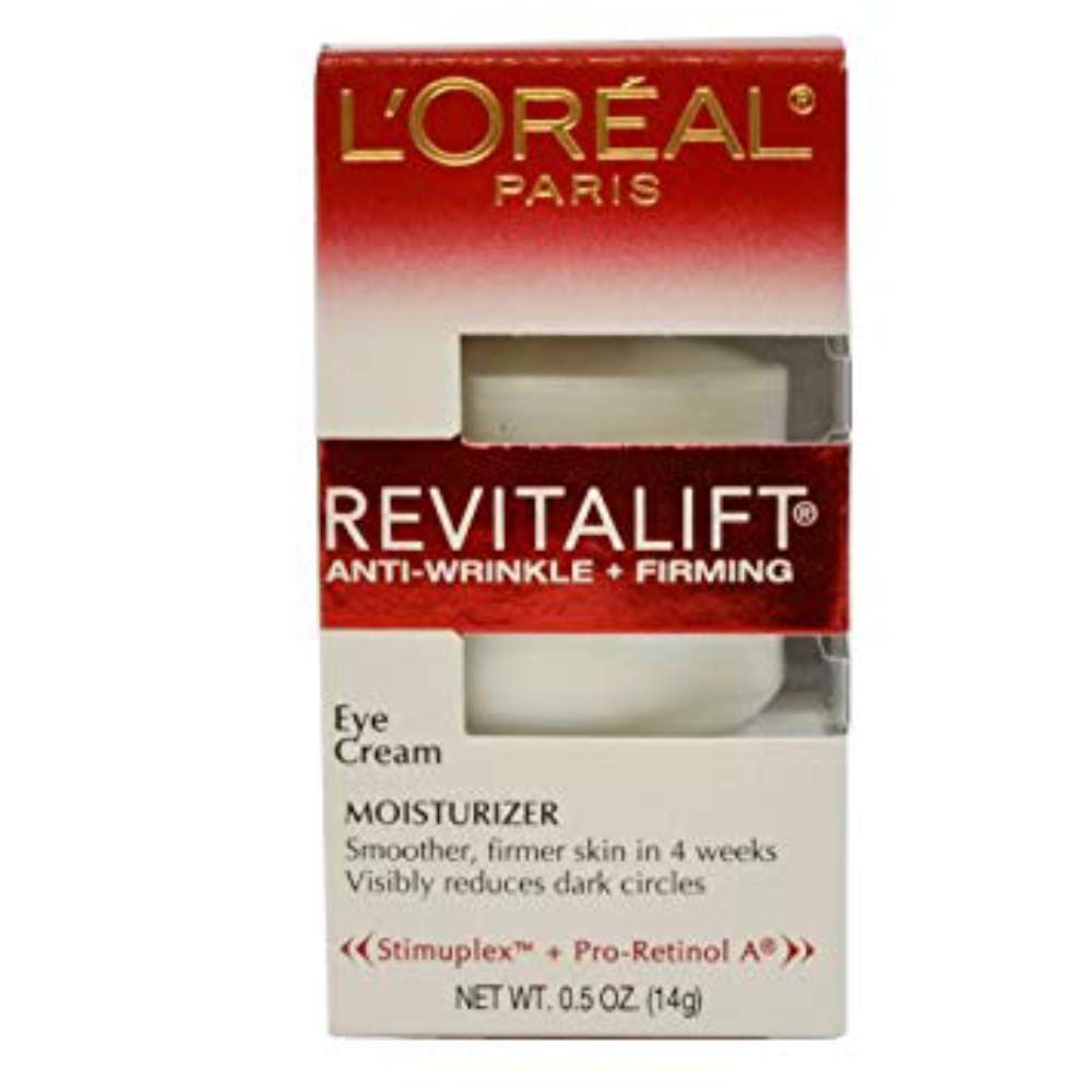 L'Oreal Paris RevitaLift Eye Cream 4-pack bottle close-up for smoother under-eye appearance