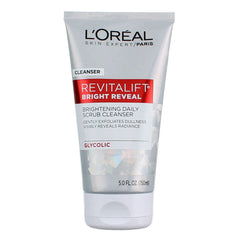 L’Oréal Paris Revitalift Bright Cleaner tube close-up with glycolic formula refining tone.
