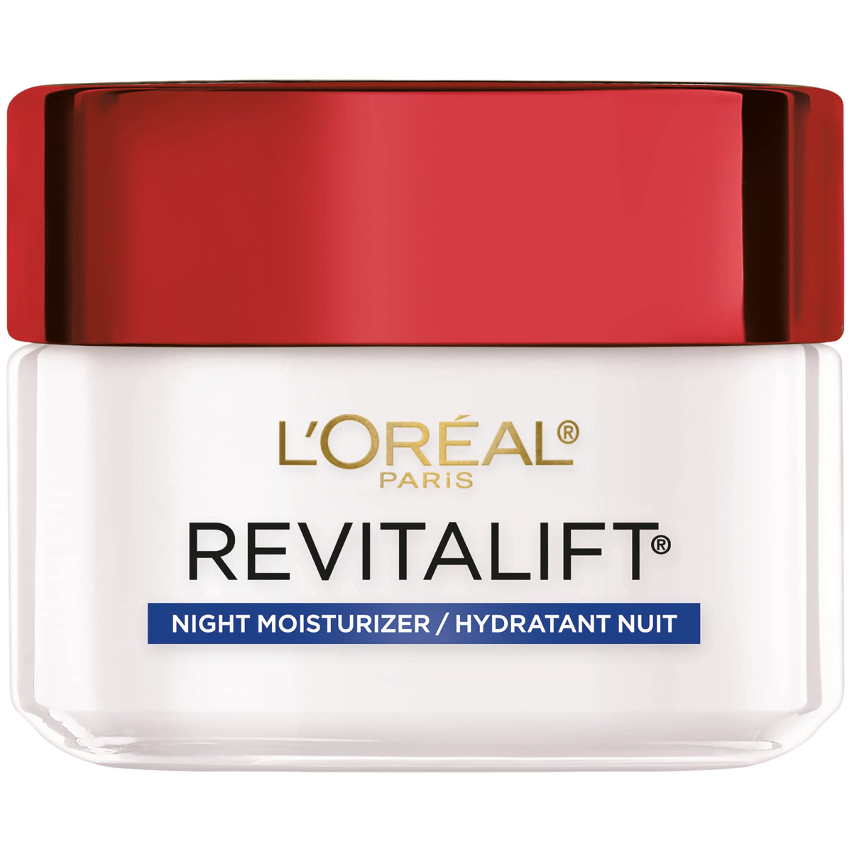 L'Oreal Paris Revitalift night cream bottle closeup for overnight hydration