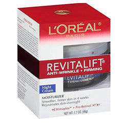 L'Oreal Paris RevitaLift night cream with SPF 18 moisturizes and firms skin overnight.