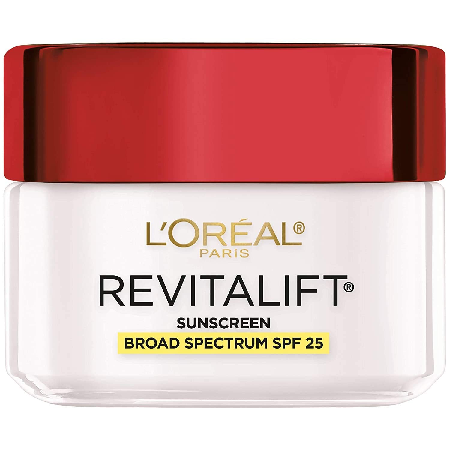 L'Oreal Paris Revitalift SPF25 bottle showing daily sun protection and hydration benefits