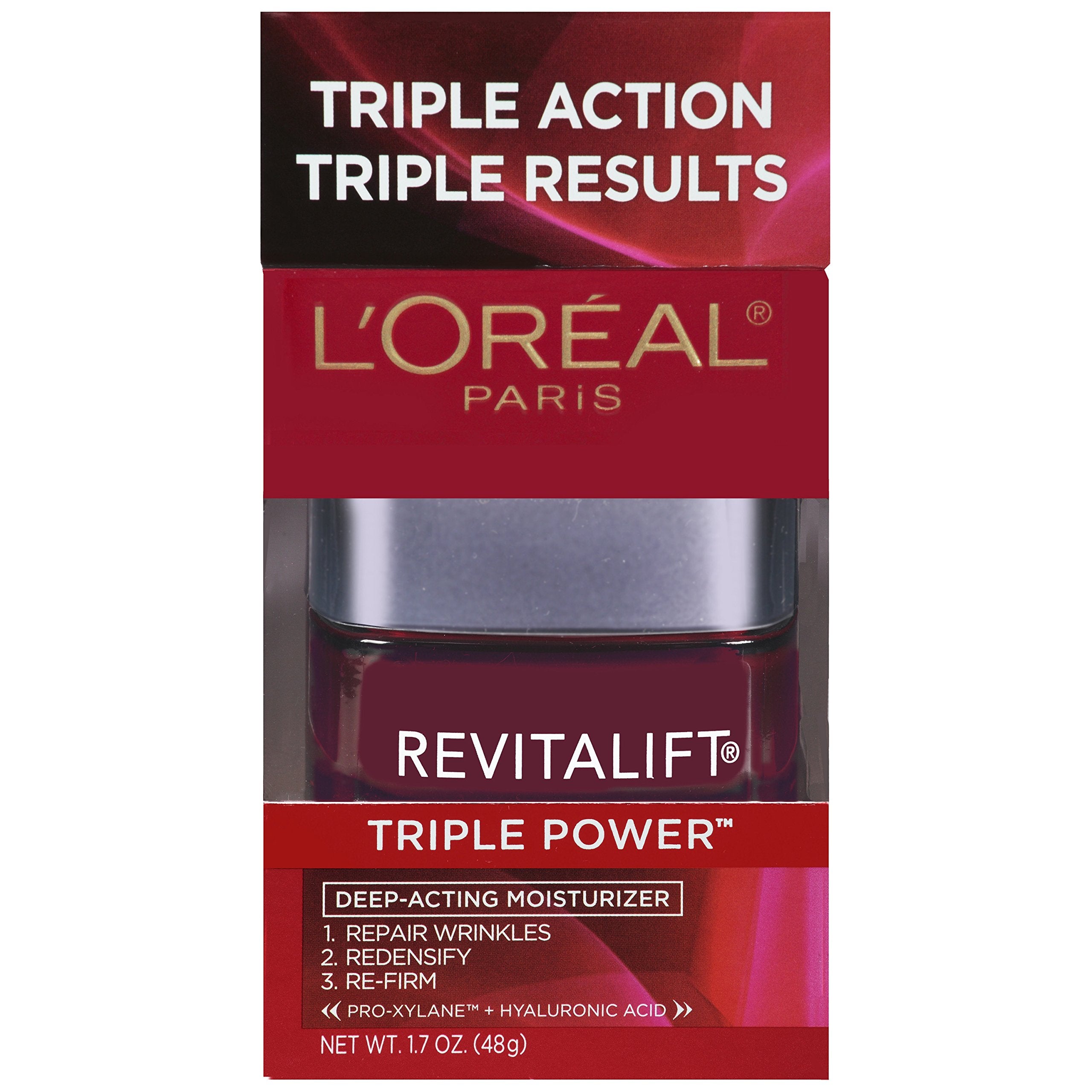 L'Oreal Paris RevitaLift Triple Power jar close-up showing rich hydration and anti-aging properties.