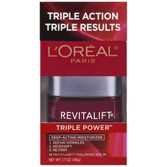 L'Oreal Paris RevitaLift Triple Power jar close-up showing rich hydration and anti-aging properties.