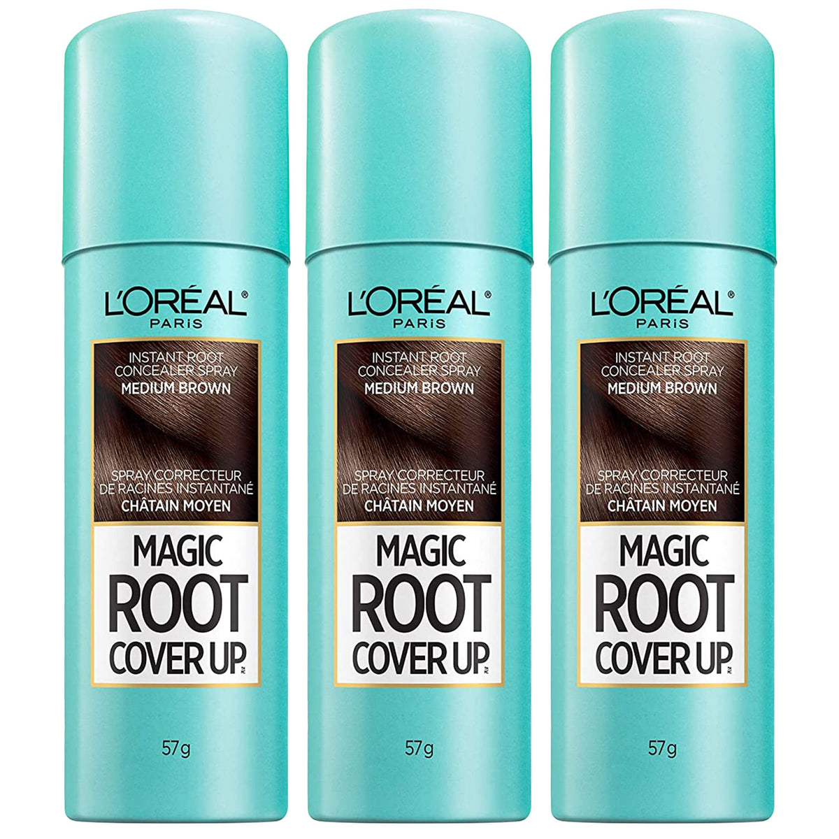 L'Oreal Paris Root Cover Up spray in medium brown hides gray roots between salon visits.