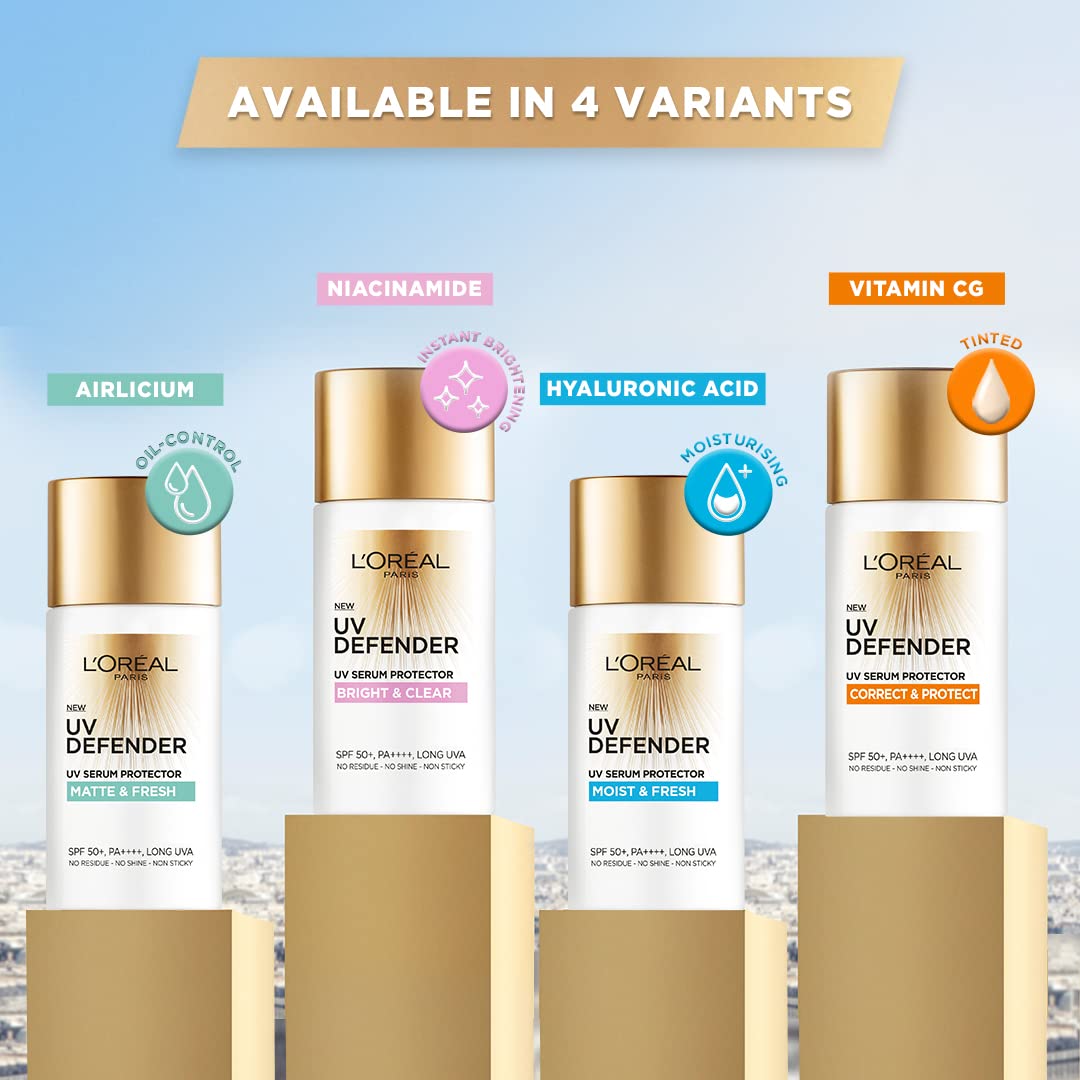 L’Oréal Paris UV Defender Matte packaging tube on display.