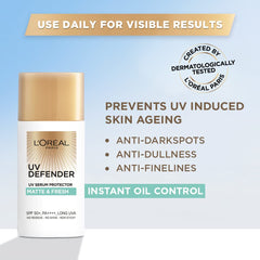 L’Oréal Paris UV Defender Matte texture close-up shows non-greasy, dry-touch formula.