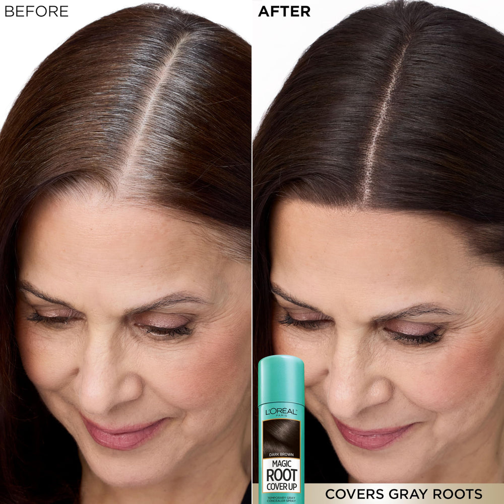 L'Oreal Paris synthetic hair-safe root concealer spray in use