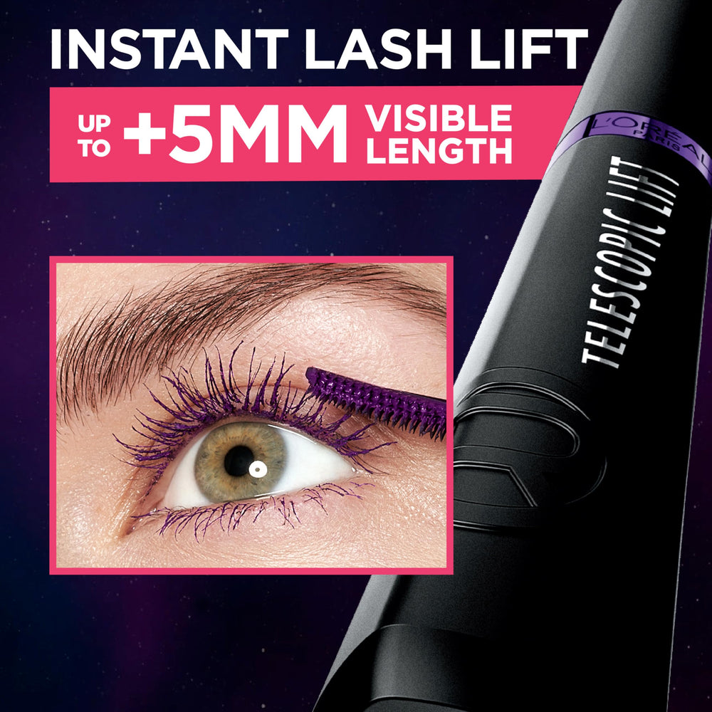 L'Oreal Paris Telescopic Lift Mascara on lashes delivering instant lift and visible length.