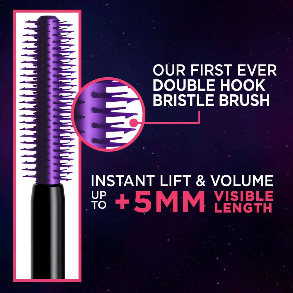 L'Oreal Paris Telescopic Lift Mascara brush close-up with dual-hook bristles for loading and lifting.
