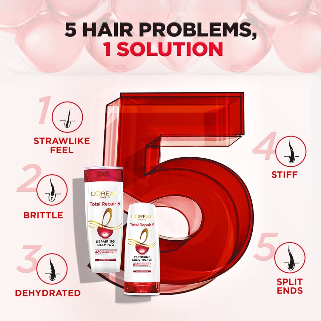 Pouring L'Oreal Paris Total Repair 5 shampoo into a hand for cleansing.
