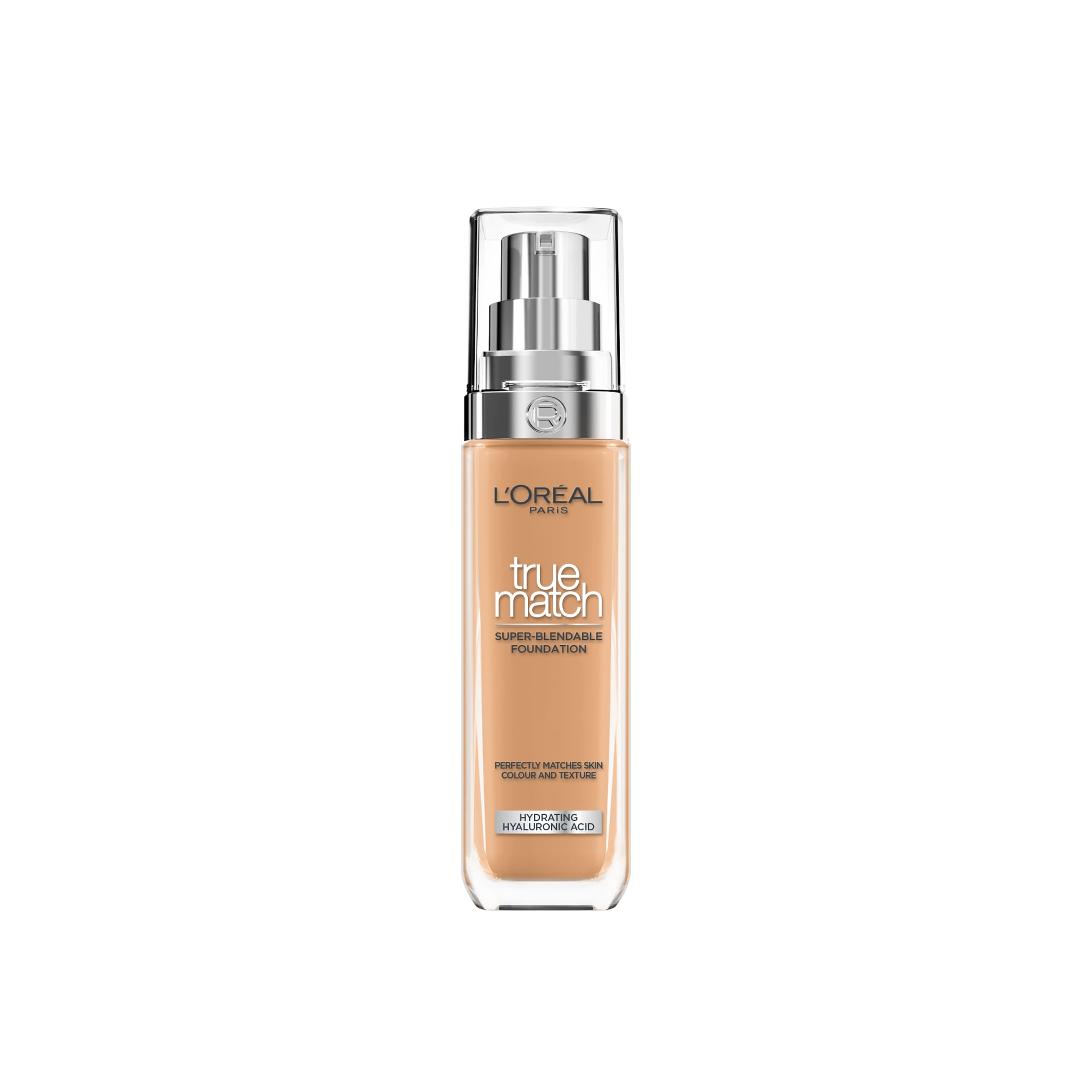 L'Oreal Paris True Match bottle close-up with a sleek profile for natural-looking skin.
