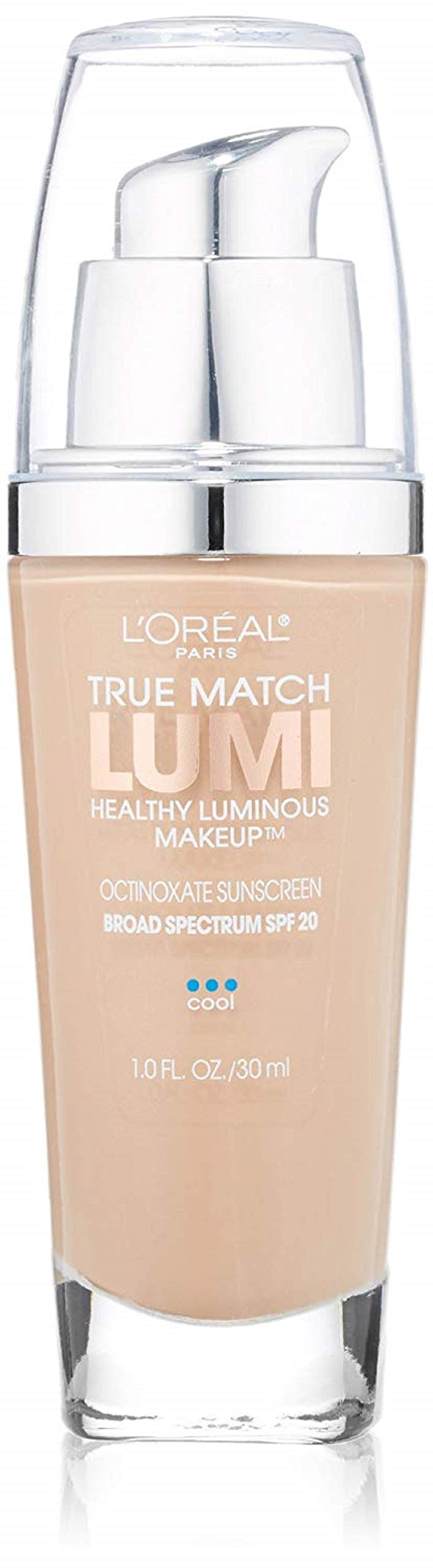 L'Oreal Paris True Match Lumi bottle close-up showing a luminous natural finish.
