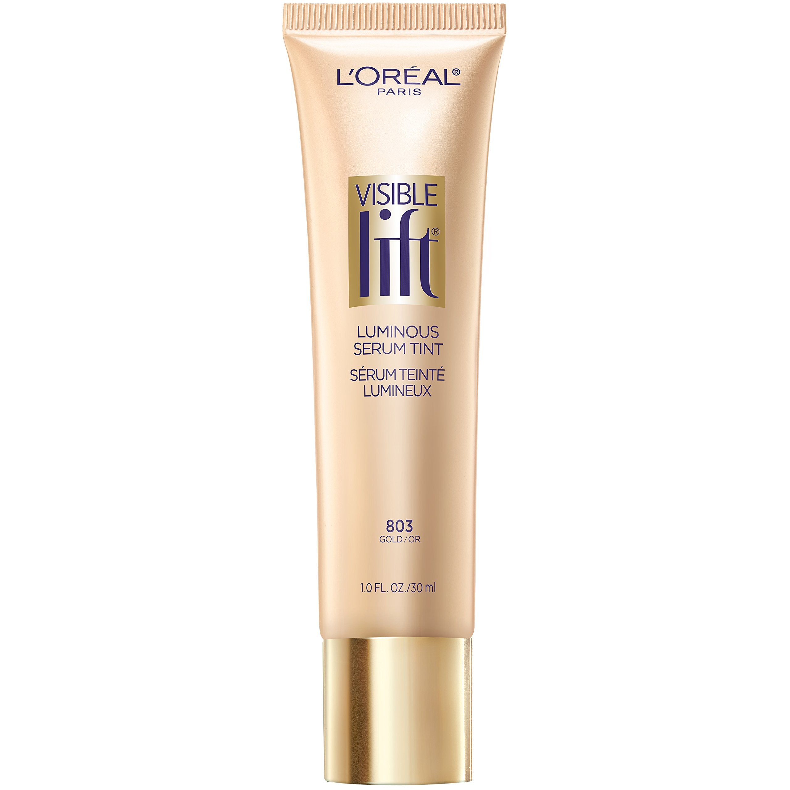 L'Oreal Paris Visible Lift Luminous Serum Tint gold bottle delivers instant hydration and radiance.