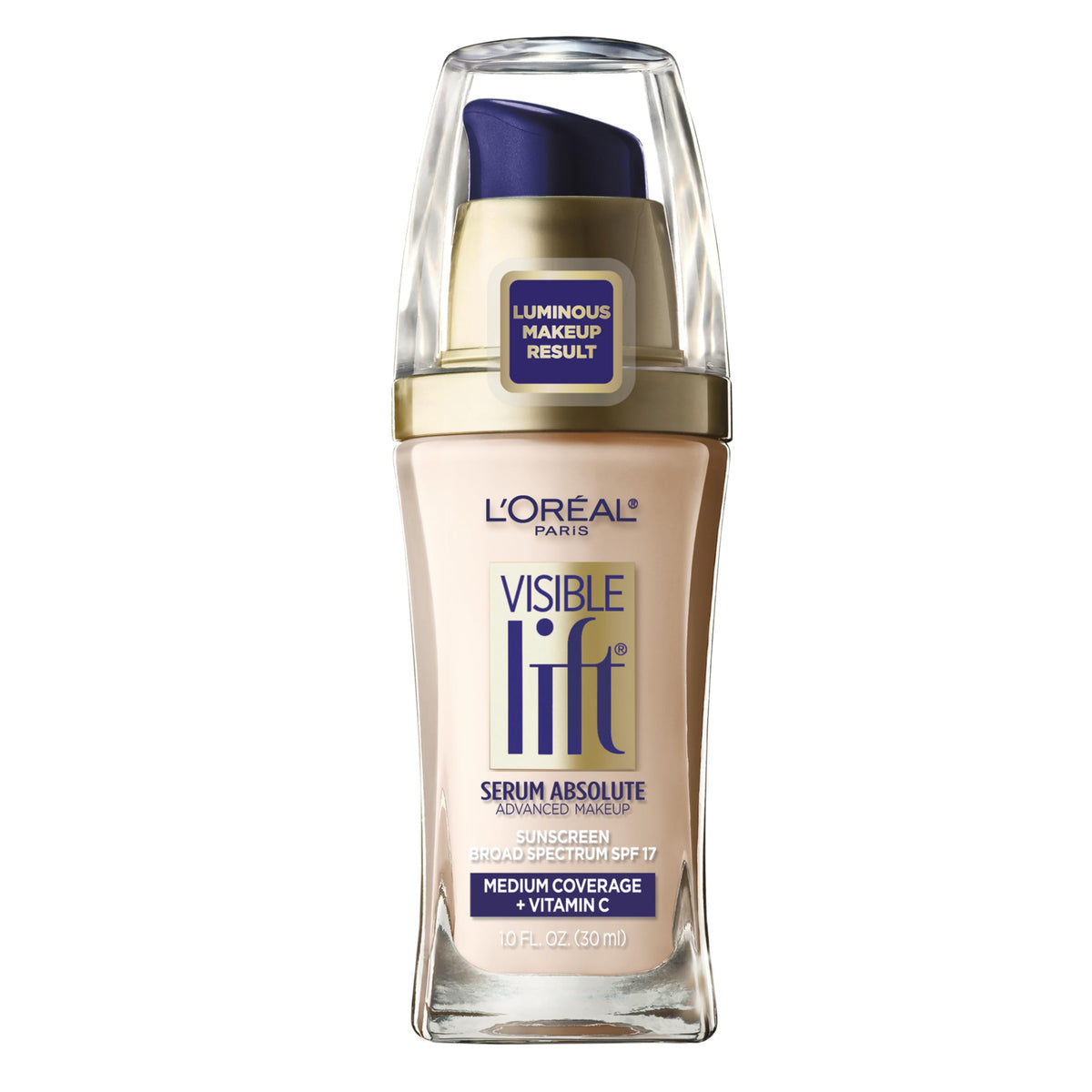 L’Oréal Paris Visible Lift Serum Absolute Foundation Soft Ivory bottle for radiant, smooth skin