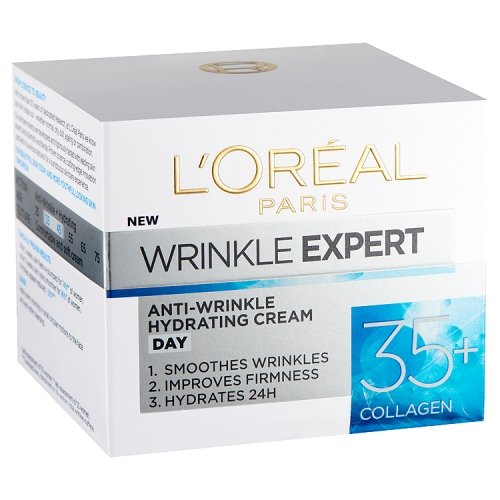 Jar close-up of Wrinkle Expert Day Cream emphasizing rich, collagen-enriched care