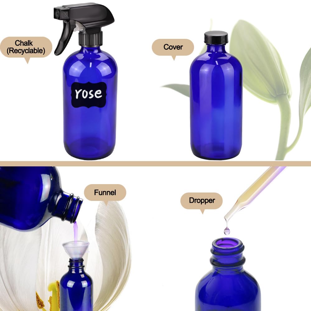 Loretoy blue glass spray bottle kit includes 2 oz bottles for essential oil blends.