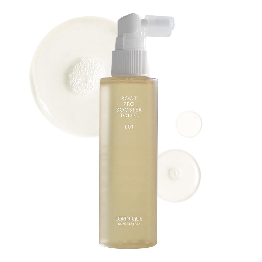 LORINIQUE L01 Root Pro Booster spray bottle shows ginseng extract for scalp nourishment.