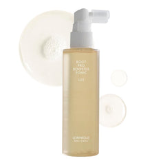 LORINIQUE L01 Root Pro Booster spray bottle shows ginseng extract for scalp nourishment.