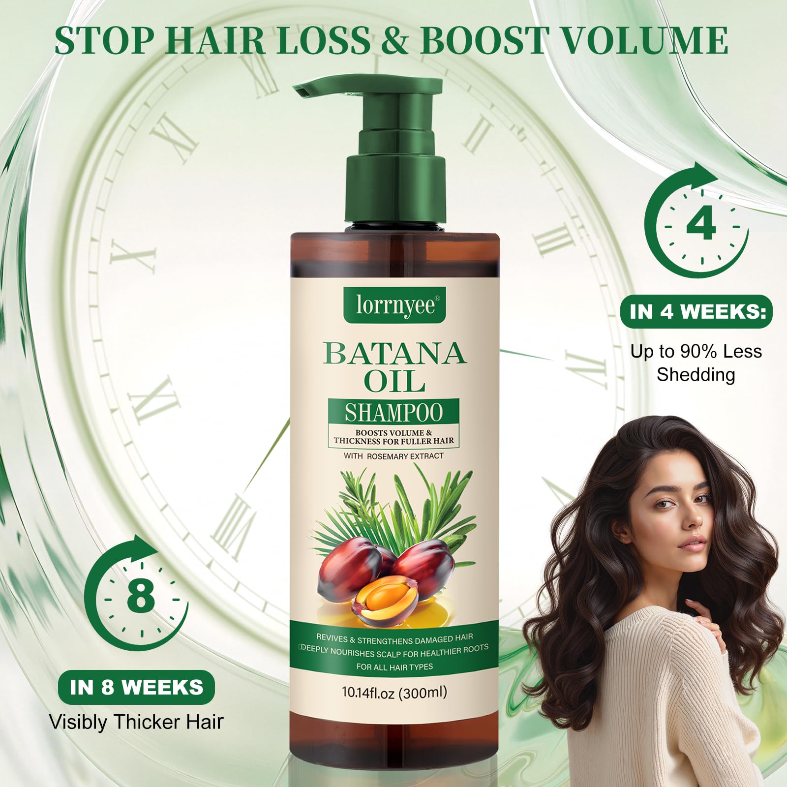 Lorrnyee Batana Oil Shampoo bottle closeup shows creamy texture and gentle cleansing