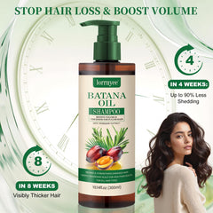 Lorrnyee Batana Oil Shampoo bottle closeup shows creamy texture and gentle cleansing