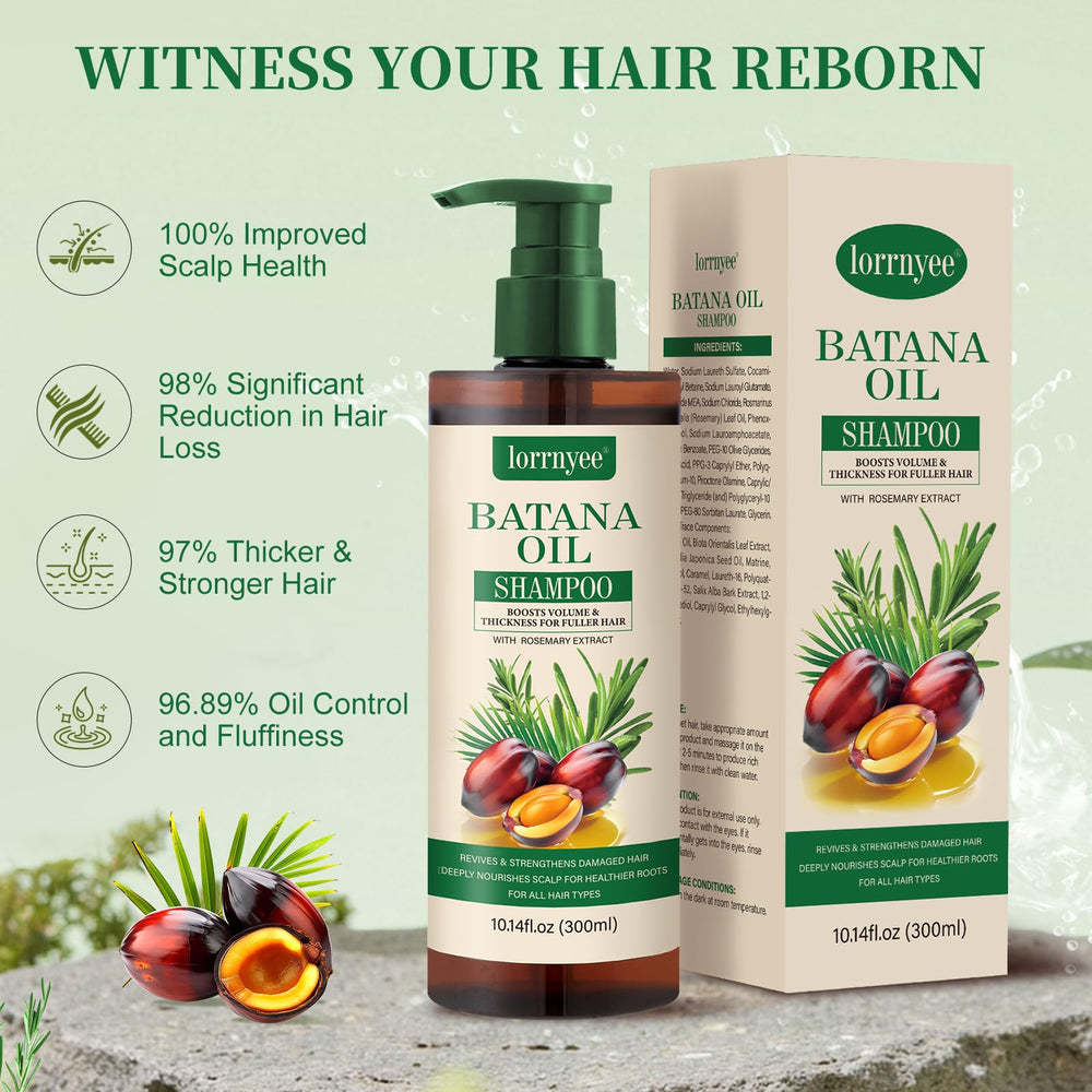 Lorrnyee Batana Oil Shampoo packaging box conveys premium sulfate-free formula
