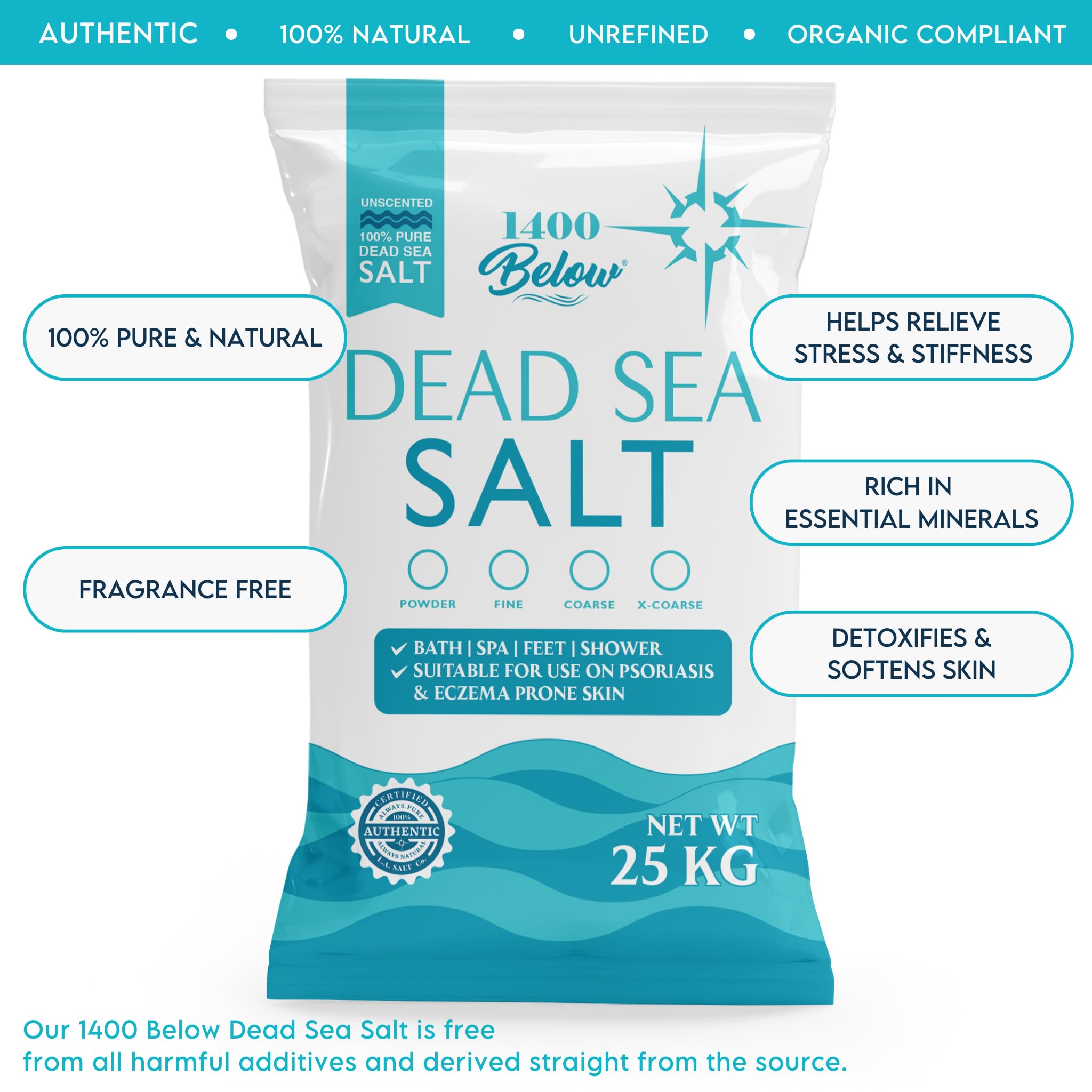 Los Angeles Salt Co. Dead Sea salt mineral-rich grains for skin care.