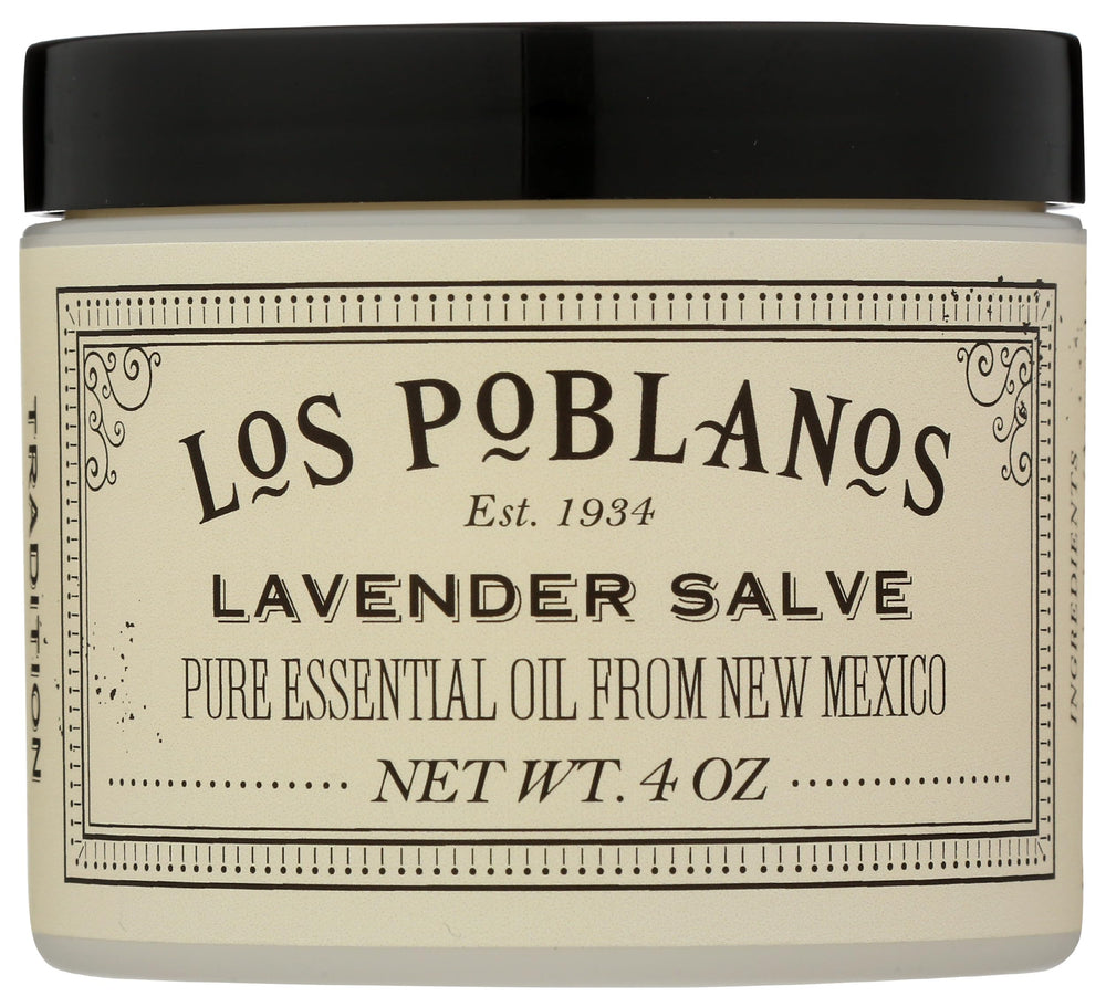 Los Poblanos Lavender Hand Salve jar closeup, 4oz, lavender aroma for daily care.