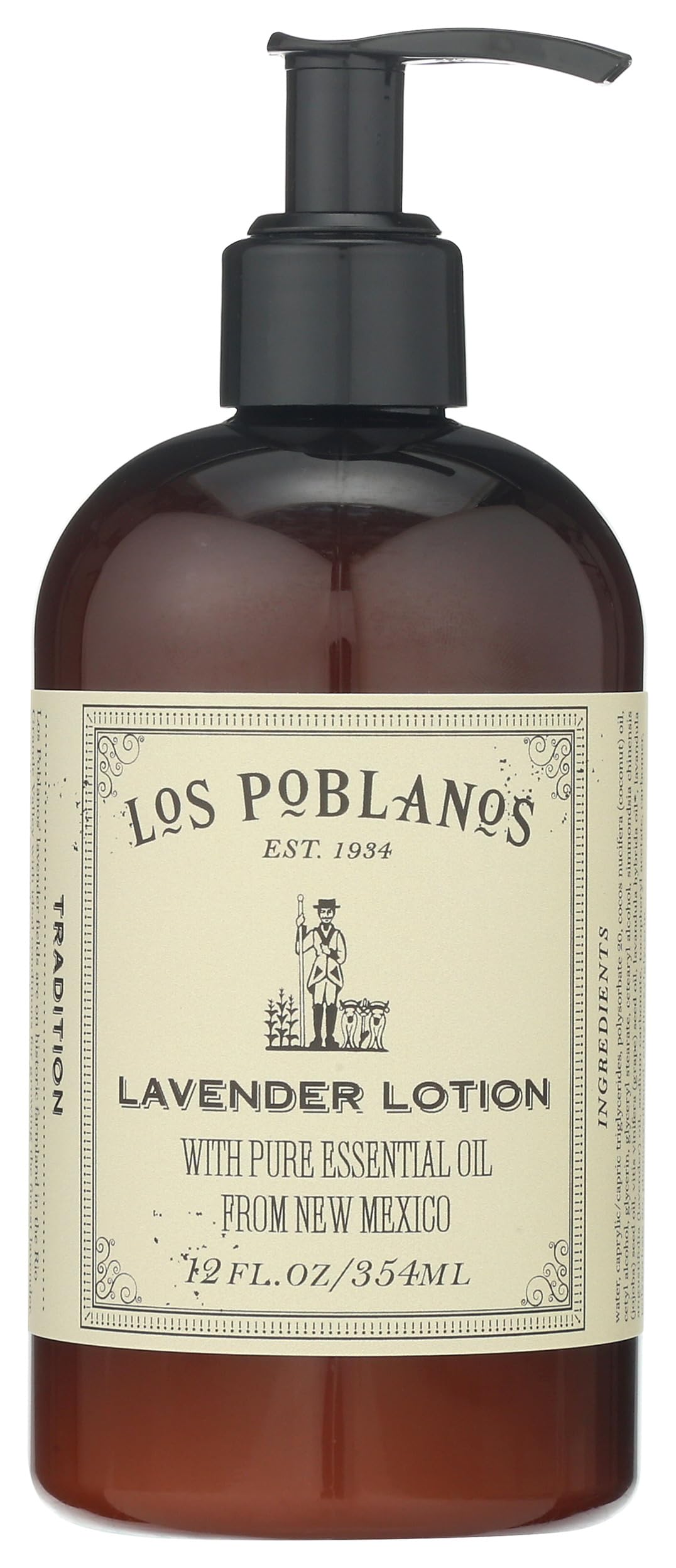 Los Poblanos Lavender Lotion bottle front for lightweight hydration and a calming aroma.