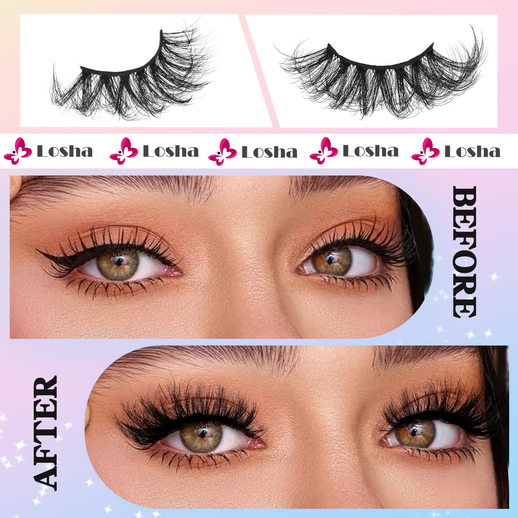 Losha 25mm lashes 3D layer offering bold drama for photos.