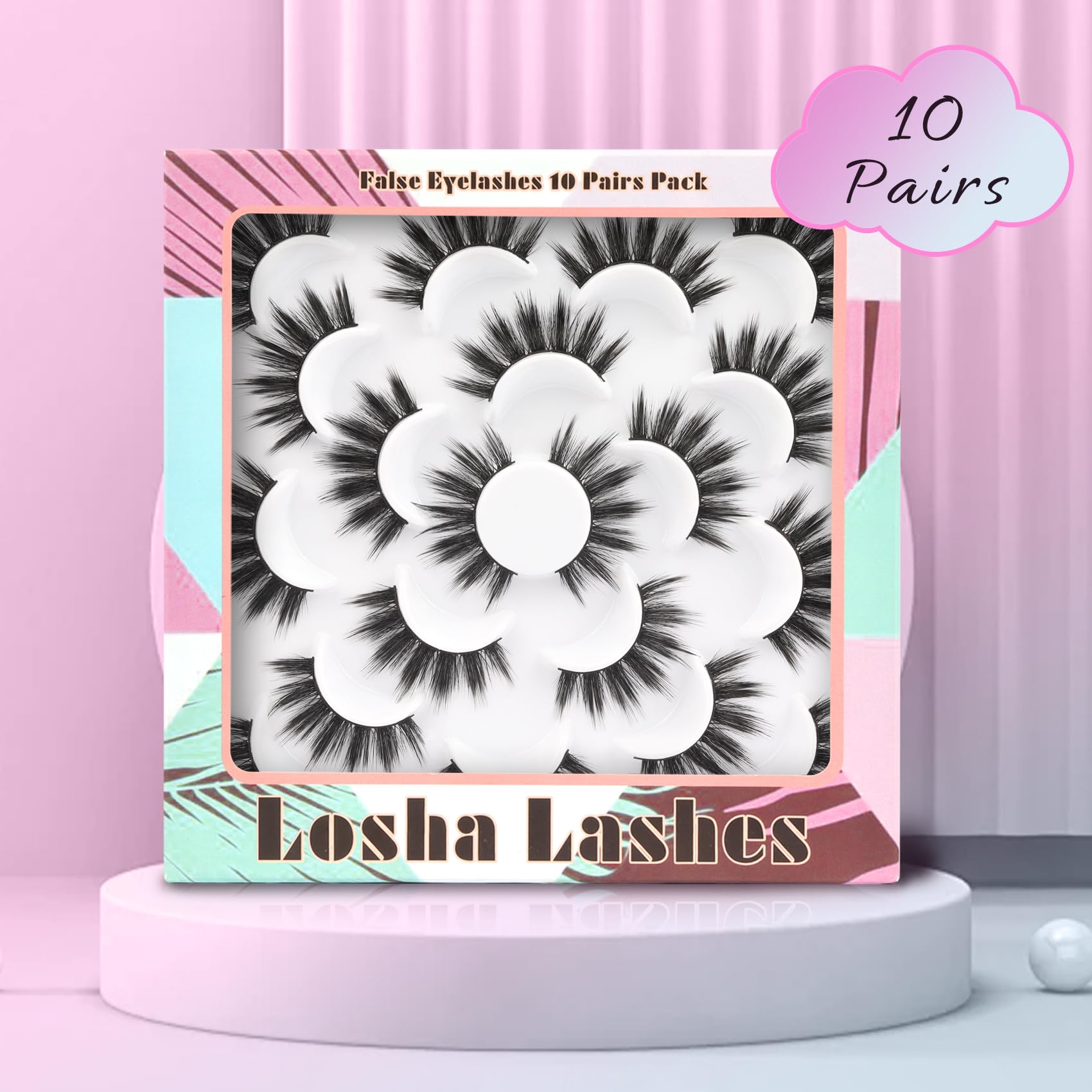 Losha dramatic long eye lashes pack for evening looks and special occasions.