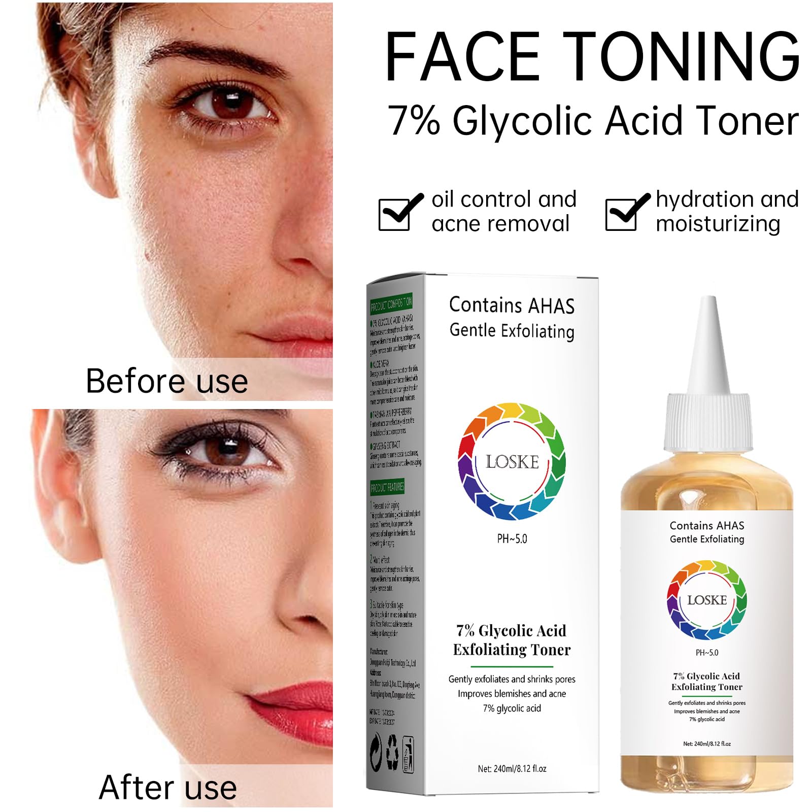 Loske 7% Glycolic Toner on bathroom shelf suggests daily routine