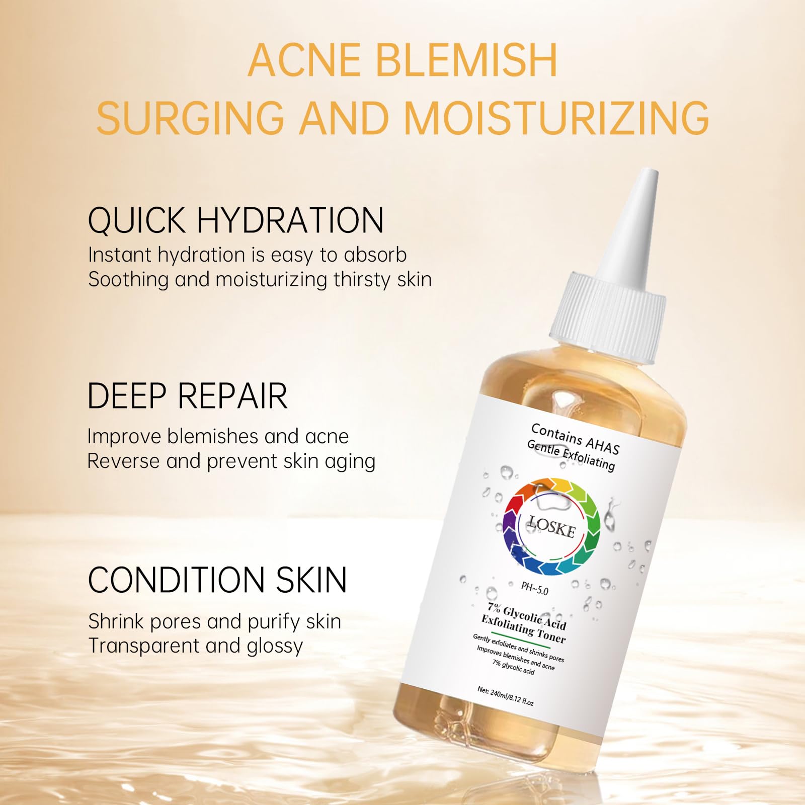 Loske glow-friendly toner texture shown on skin background