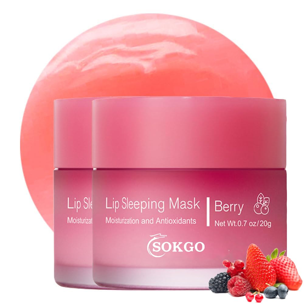 Loske sleeping lip mask berry packaging highlights dual-pack for overnight nourishment.