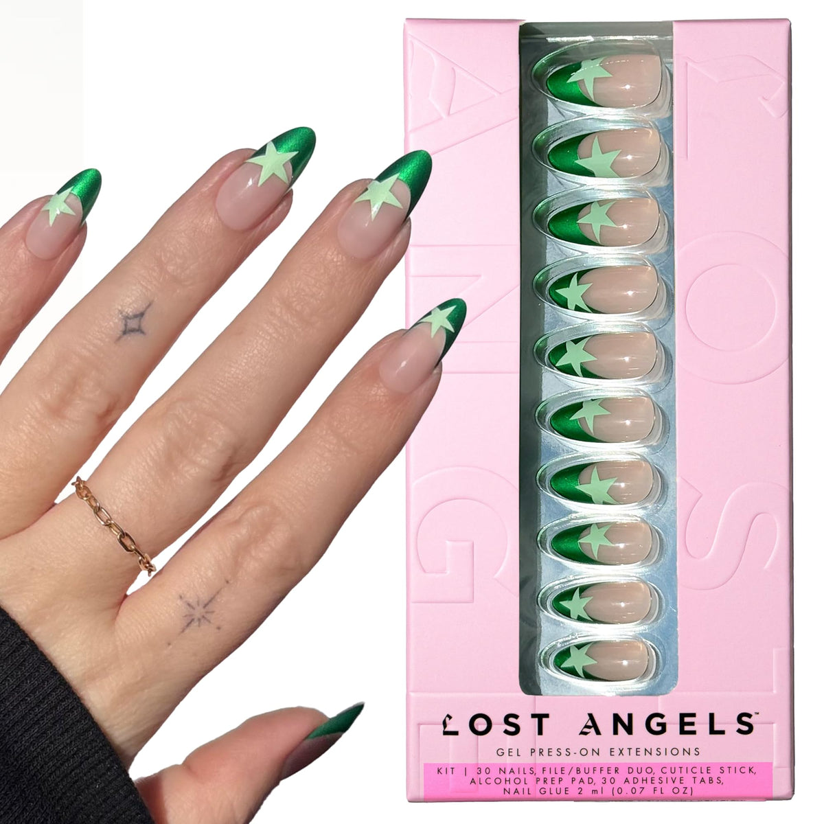 Lost Angels I Don’t Care nails with green metallic French tip and star art for chic daily wear