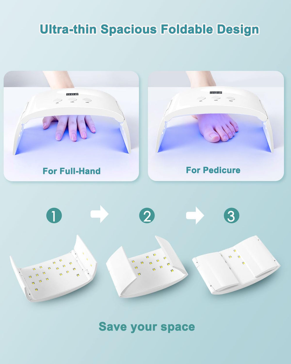Lotifie UV lamp folds compactly for easy storage during travel or at home.