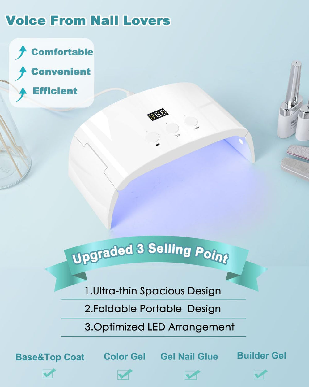 Lotifie nail lamp with spacious interior ensures comfortable curing for hands and toes.