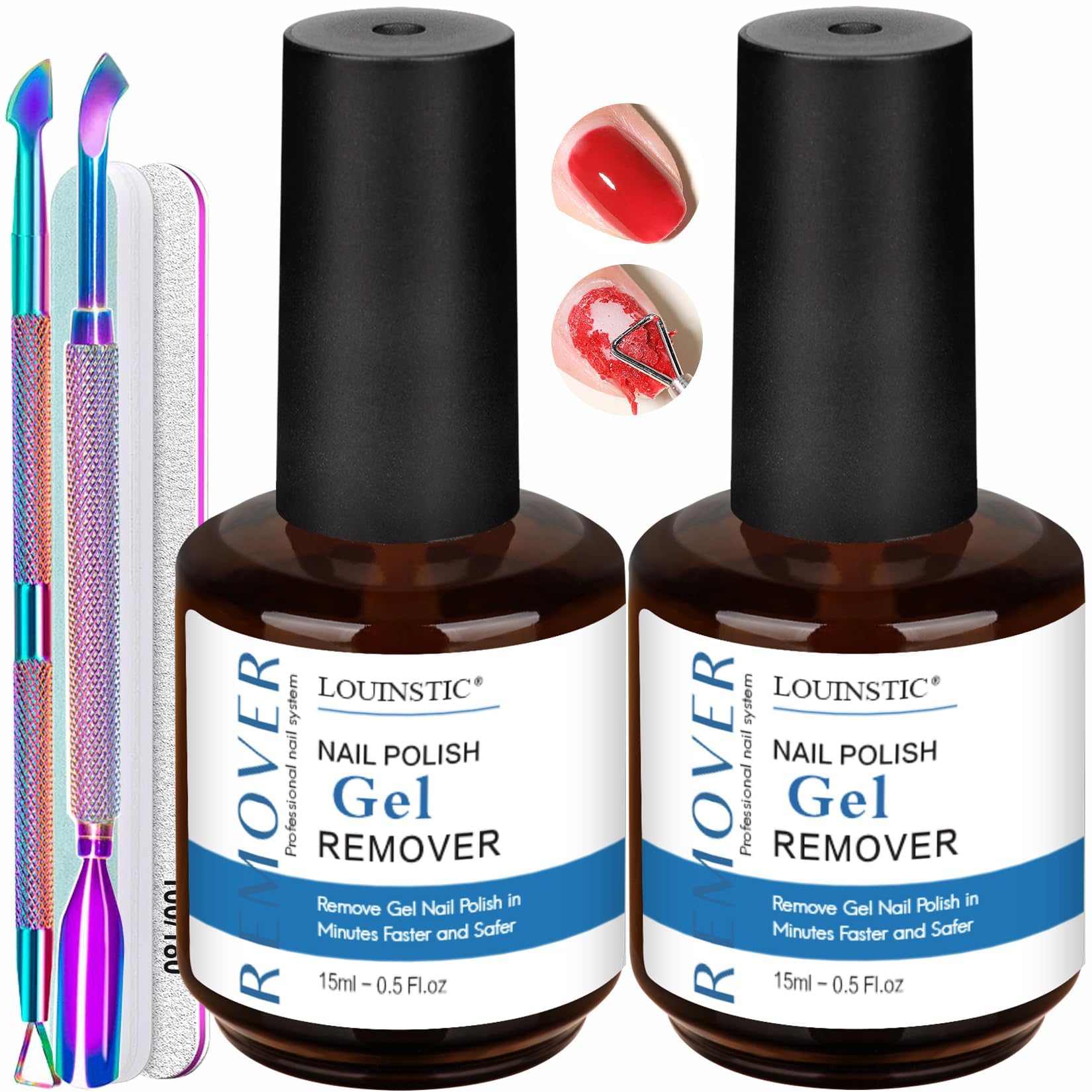 LOUINSTIC Gel Nail Remover Kit bottles 15ml for fast removal.