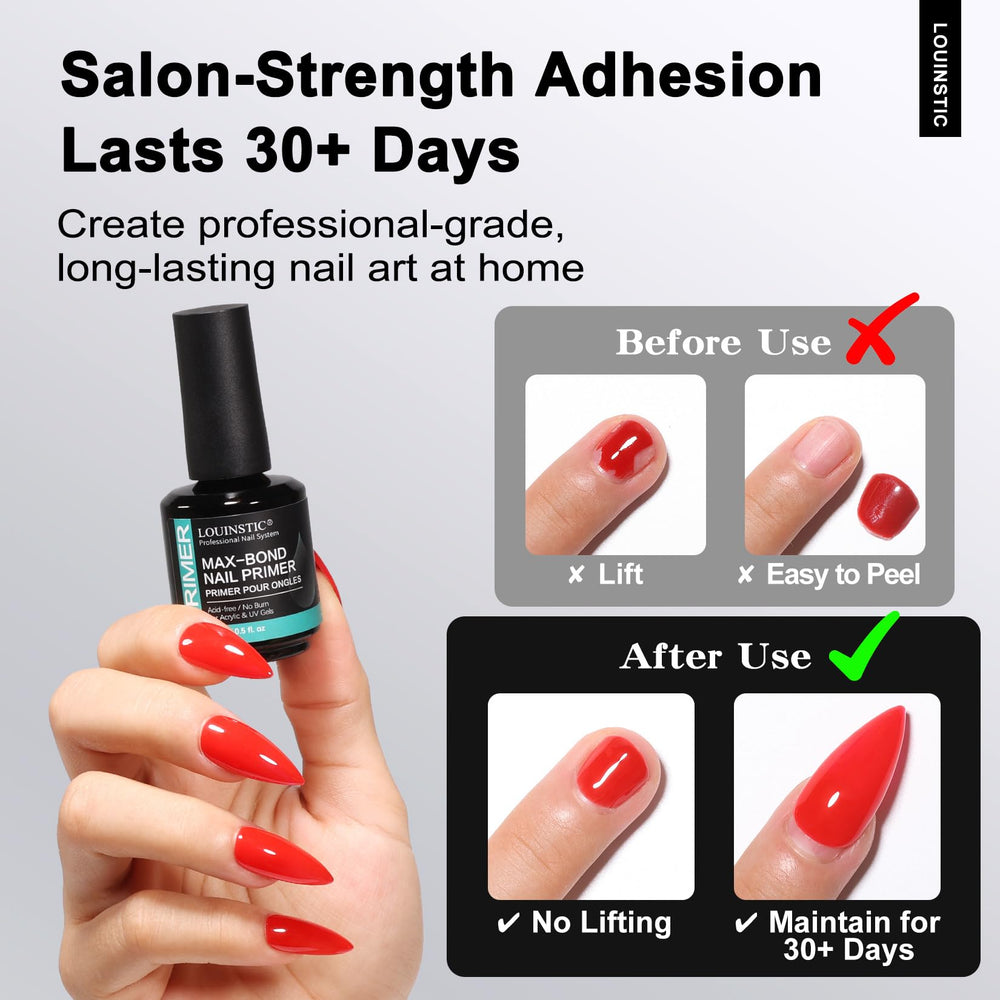 LOUINSTIC nail primer being applied on nails demonstrating quick-dry prep.