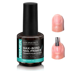 LOUINSTIC nail primer bottle close-up showing fast-drying adhesion.
