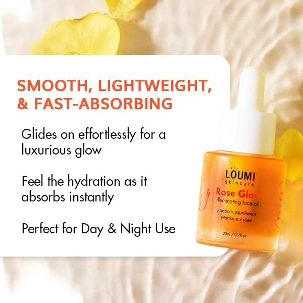 LOUMI RoseGlow Face Oil glow hint for a luminous look.