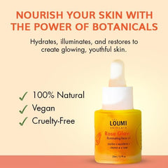LOUMI RoseGlow face oil texture on skin for a radiant, lightweight feel.