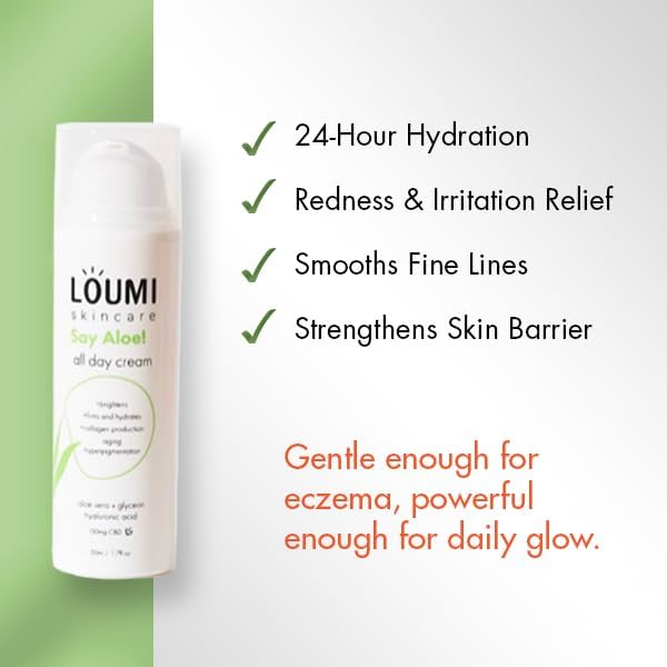 LOUMI Say Aloe! All Day Cream jar—non-greasy hydration that lasts.