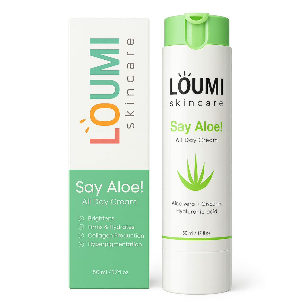 LOUMI Say Aloe All-Day Face Cream tube close-up for deep hydration