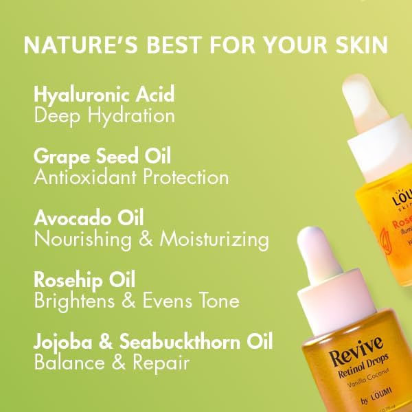 LOUMI Skincare Revive Retinol Drops pump-top bottle enables easy nightly use.