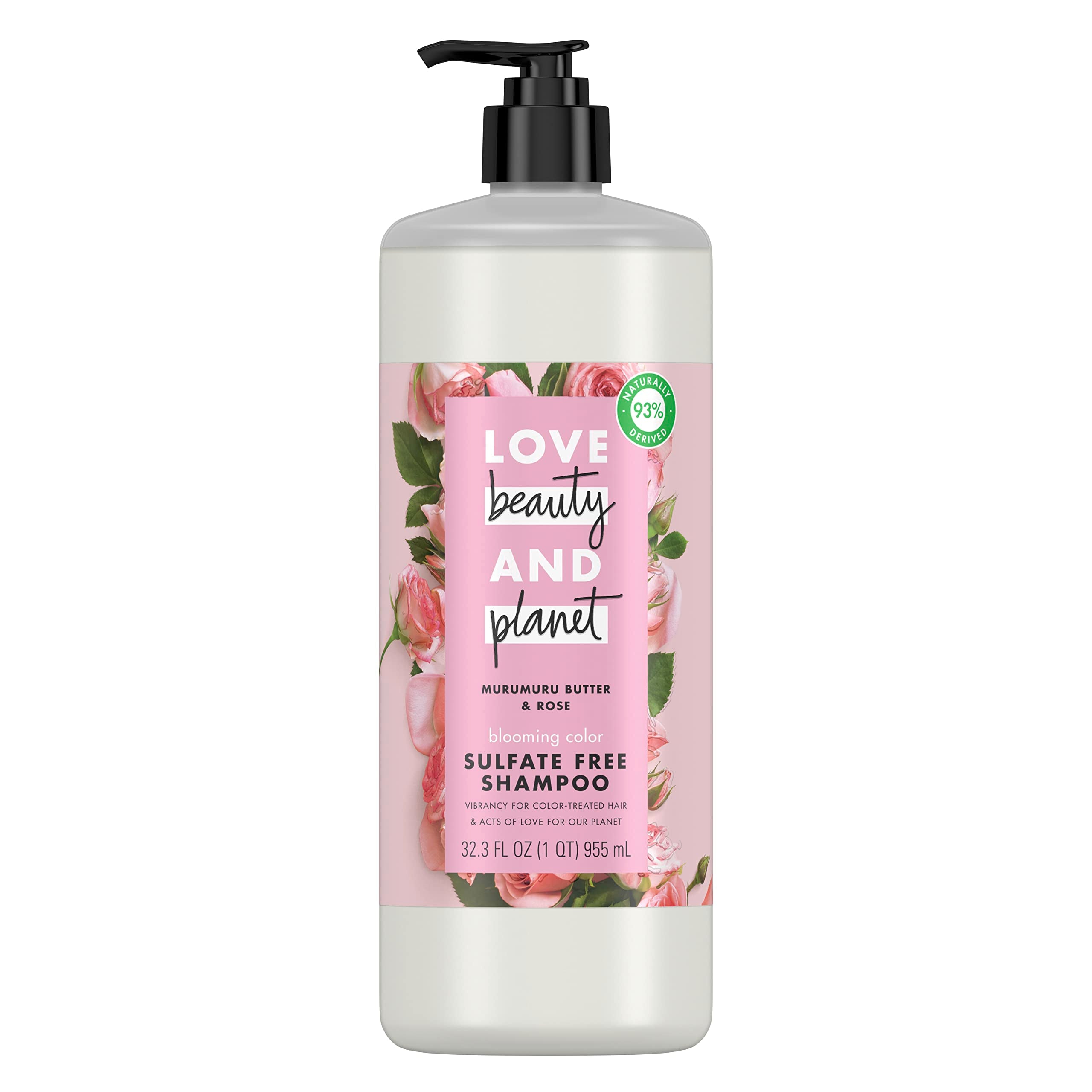 Love Beauty and Planet Blooming Color Shampoo bottle highlights Murumuru Butter and Rose for color protection
