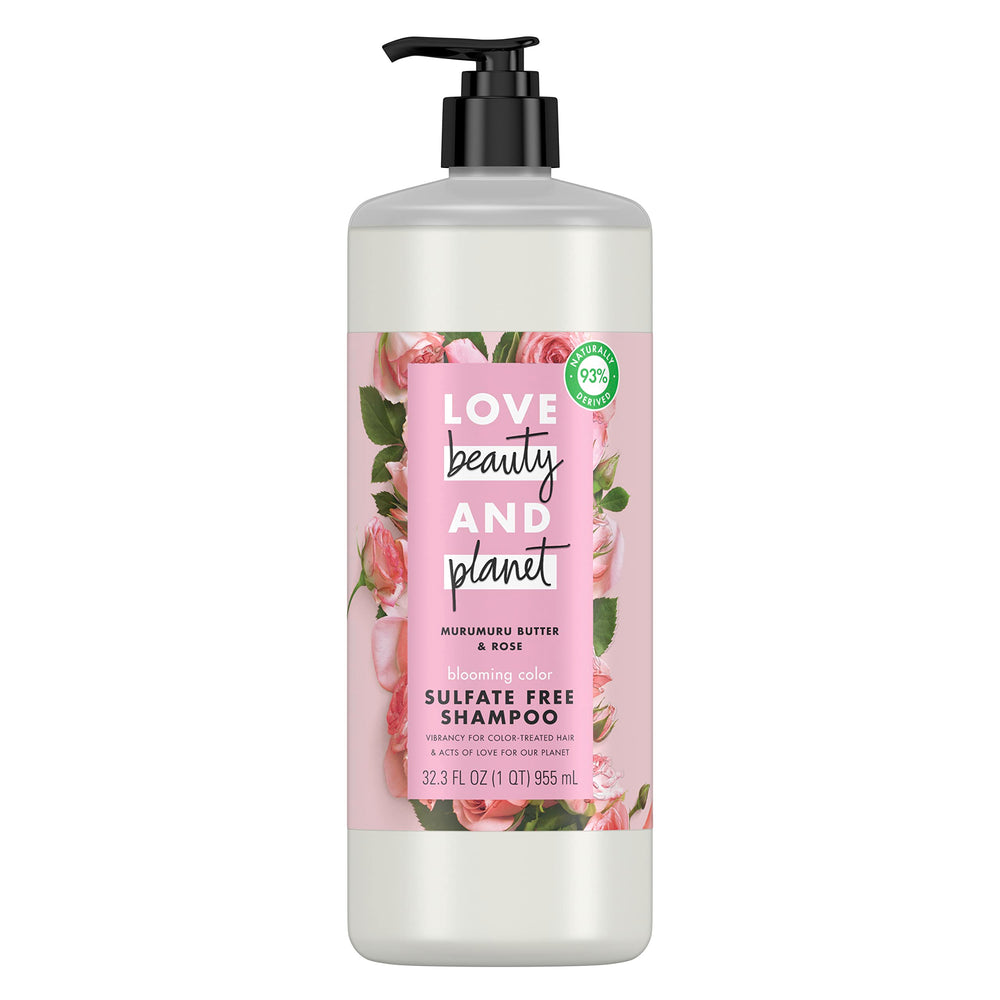 Love Beauty and Planet Blooming Color Shampoo bottle highlights Murumuru Butter and Rose for color protection