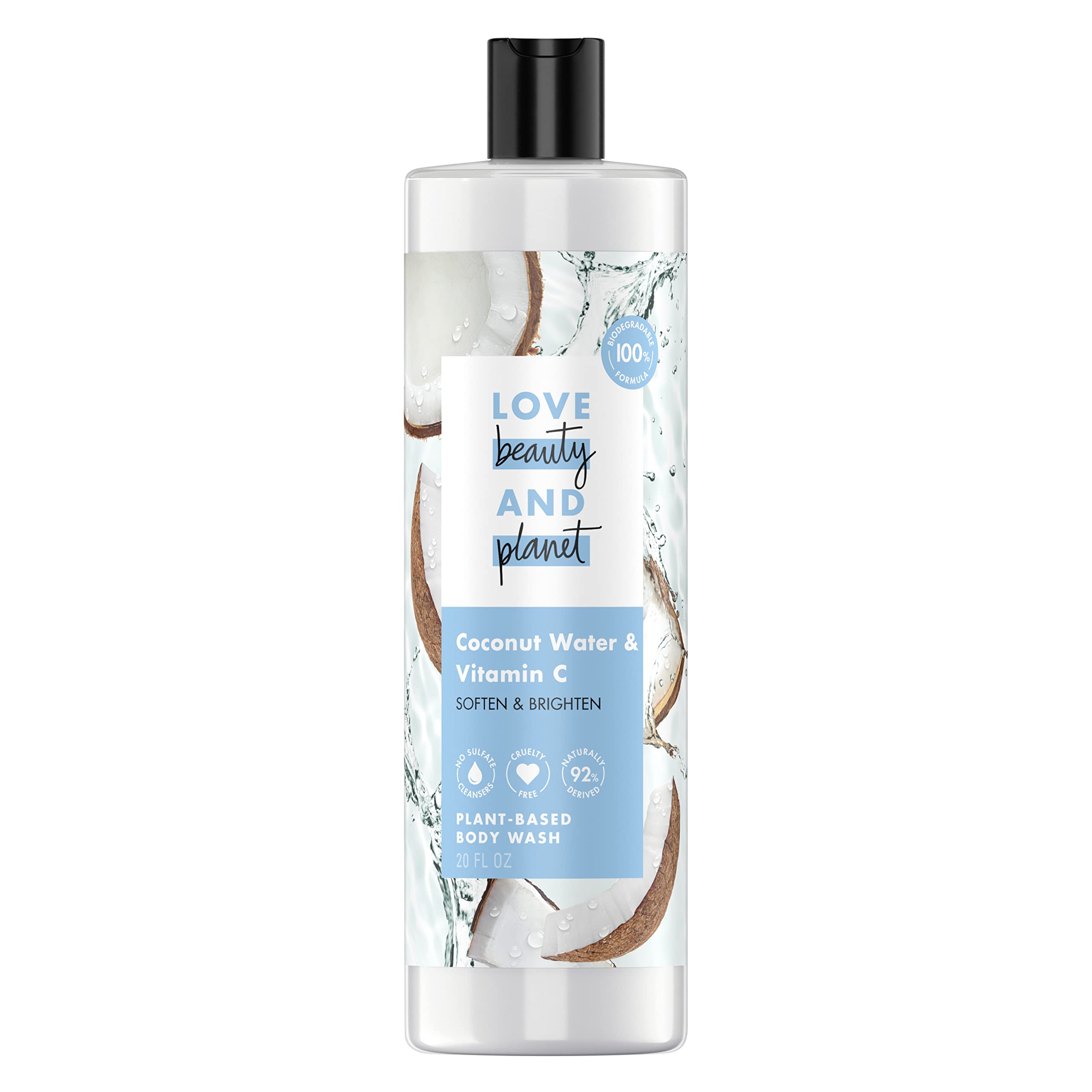 Love Beauty And Planet body wash bottle being poured, hydrating with coconut water.